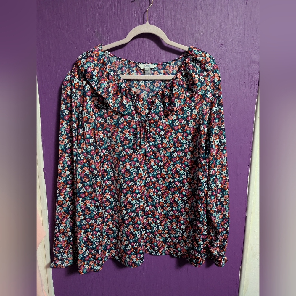 💜 NWOT Croft & Barrow Navy Colorful Floral Long Sleeve Blouse 2X 18 20